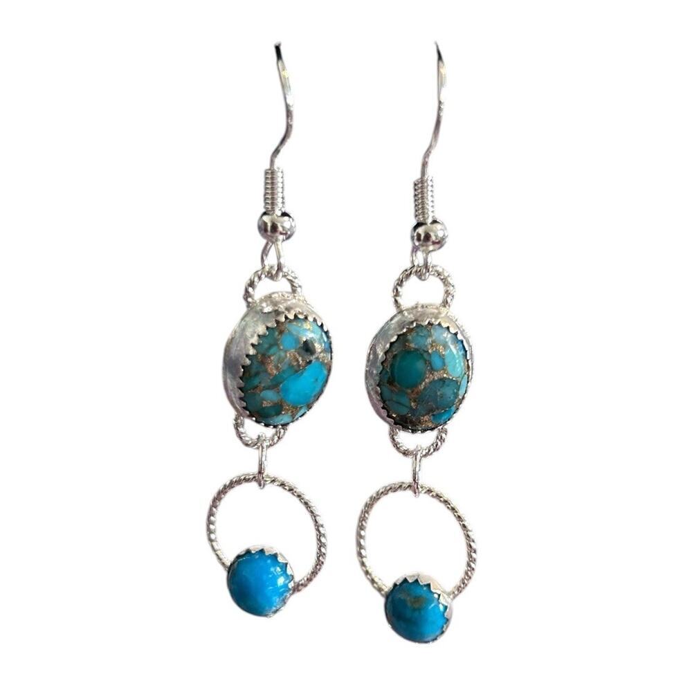 Sterling Silver Mohave Blue & Kingman Turquoise Dangle Drop Earrings Handcrafted